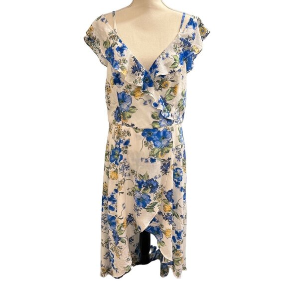 By‎ & By Dress Womens XXL White Blue Floral Chiffon Ruffle Asymmetrical Midi - Picture 1 of 9